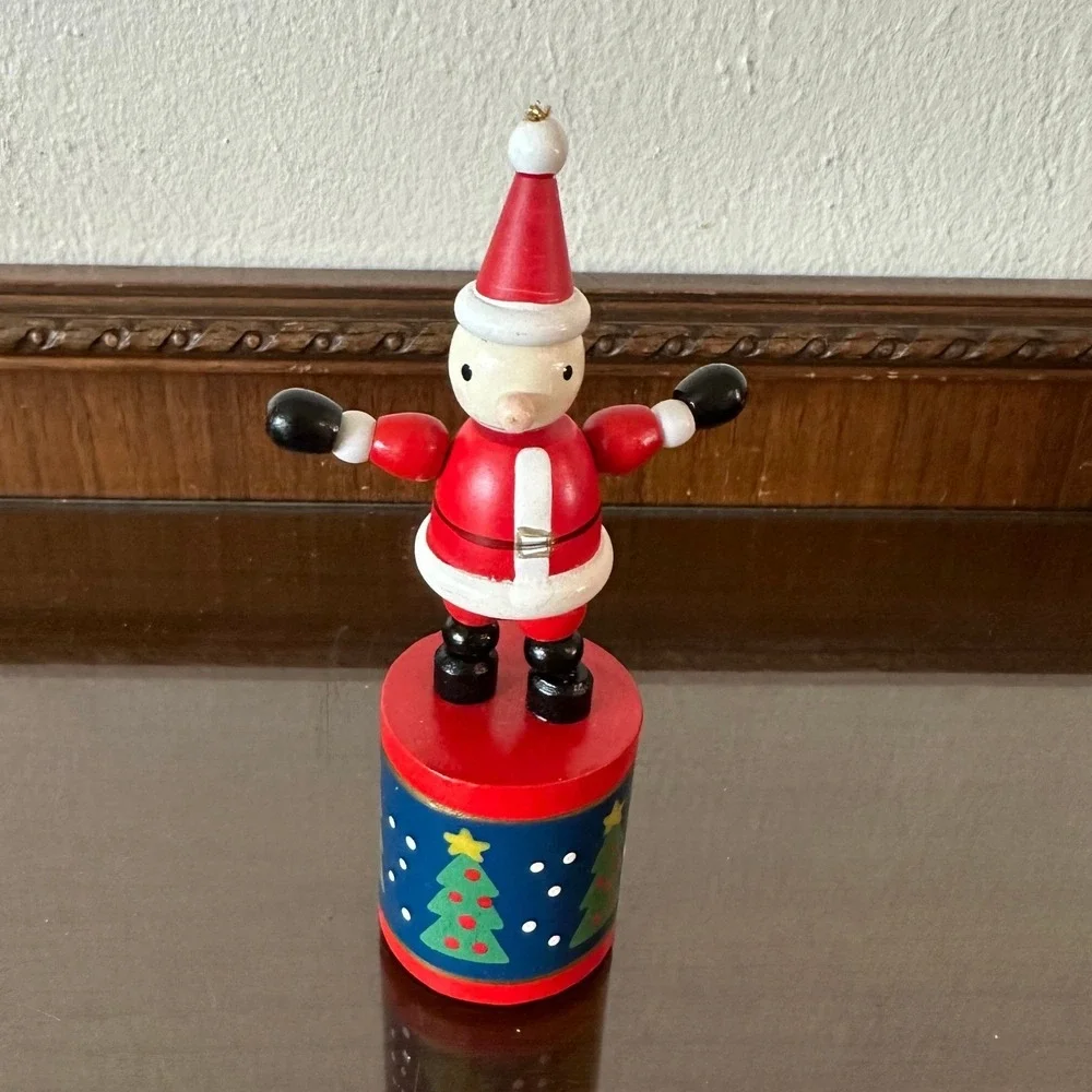 Vintage Wooden Santa Claus Push Puppet Christmas Toy Collapsible Dancing Figure